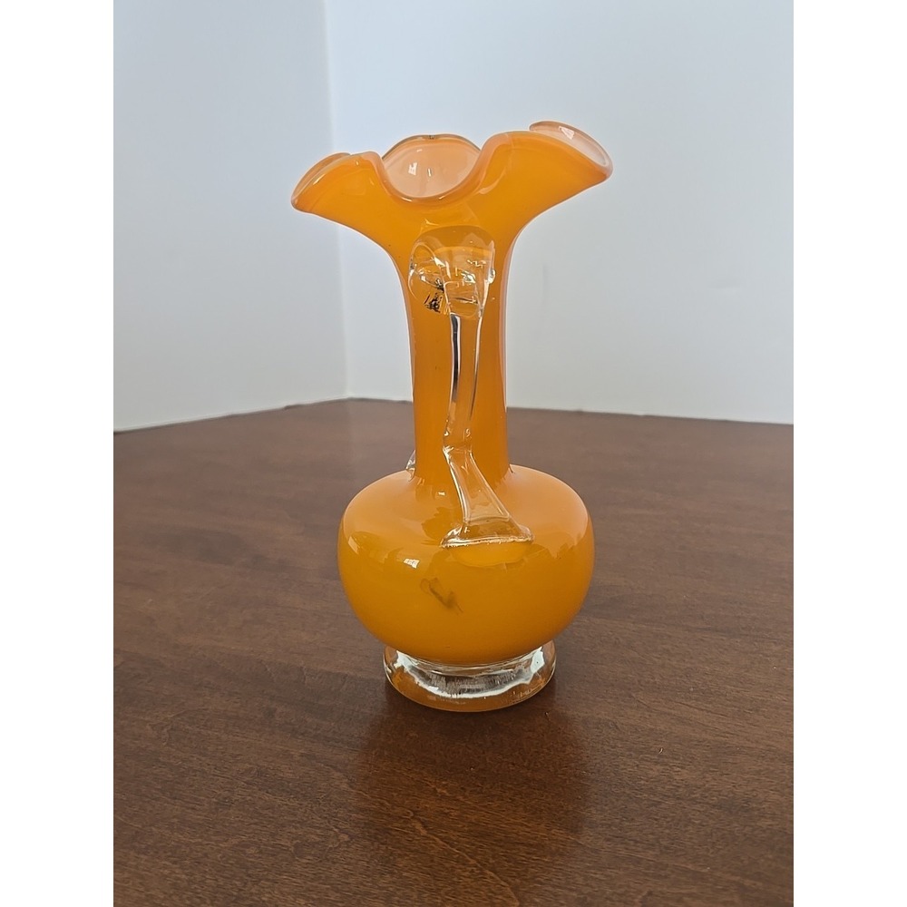 Vintage Orange Hand Blown Art Glass Vase Clear Handles Ruffled Rim Murano Style - Picture 4 of 8